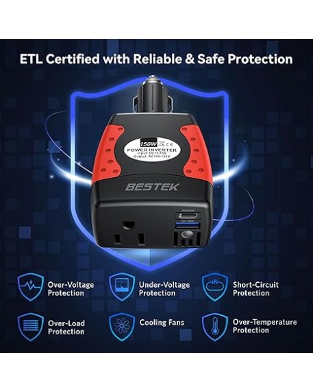 BESTEK 150W Power Inverter 12V to 110V with PD30W QC18W Dual USB Ports